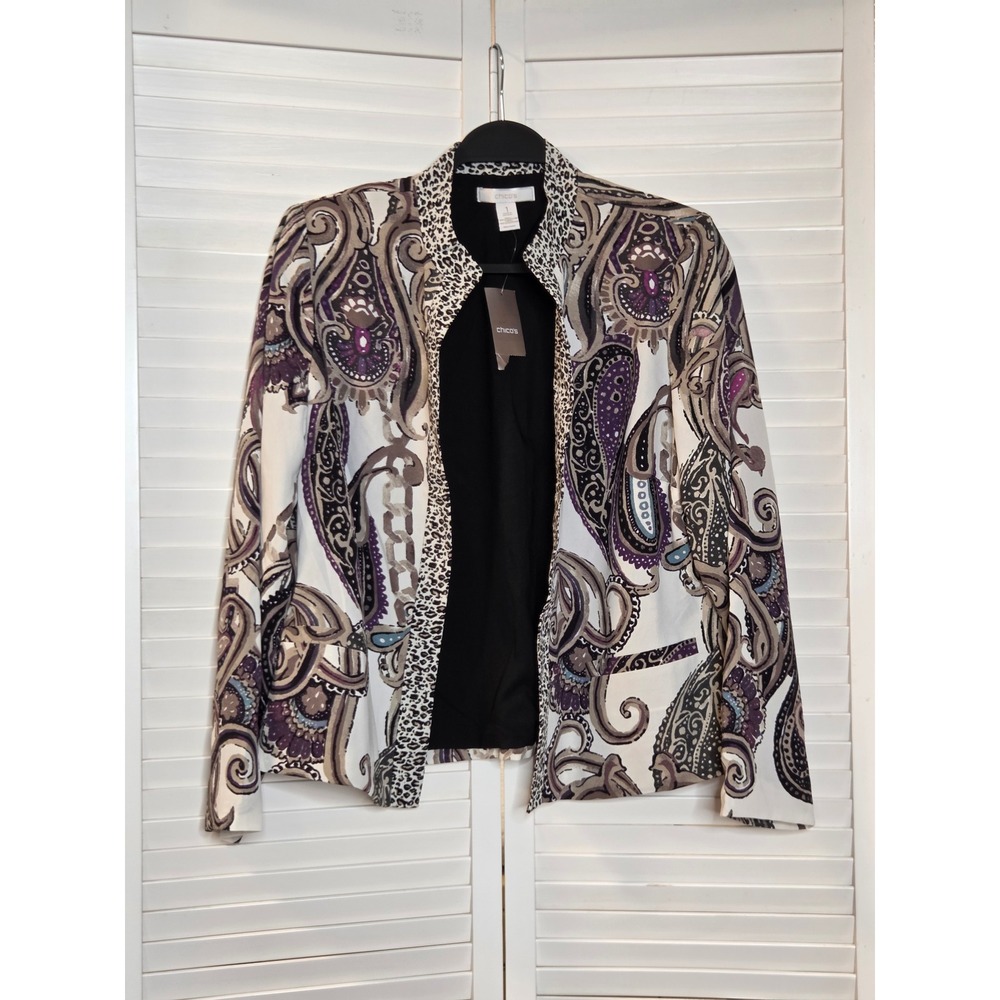 NWT Chico's Kaila Paisley LS Jacket Size 1 Multi Color Leopard Trim Open Front